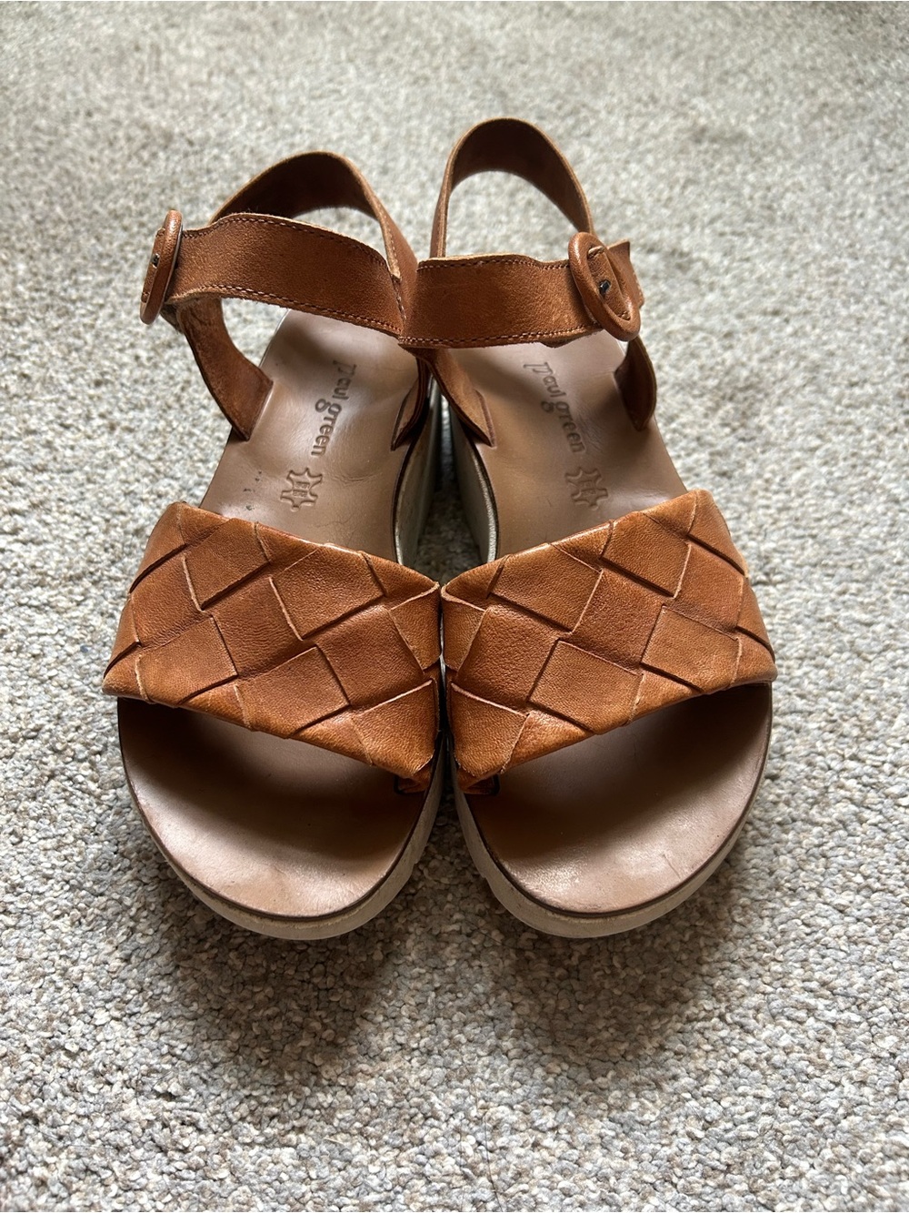 Paul Green Tan Woven Front Strap women’s Sandals with Ankle Buckle